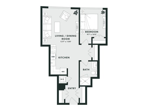 Floor plan for 1 bed, 1 bath, 685 sqft